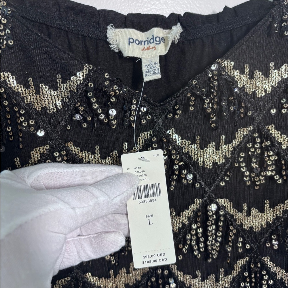 Anthropologie Porridge Black Gold Sequined Fringe V-Neck Tank Top Size Large NWT - Picture 5 of 9